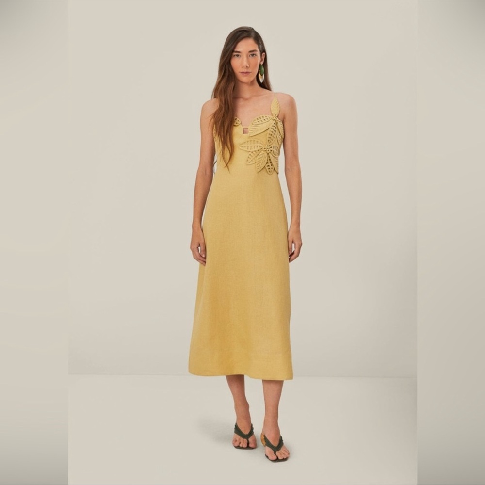 FARM Rio Yellow Midi Dress with Crochet Leaf Detail